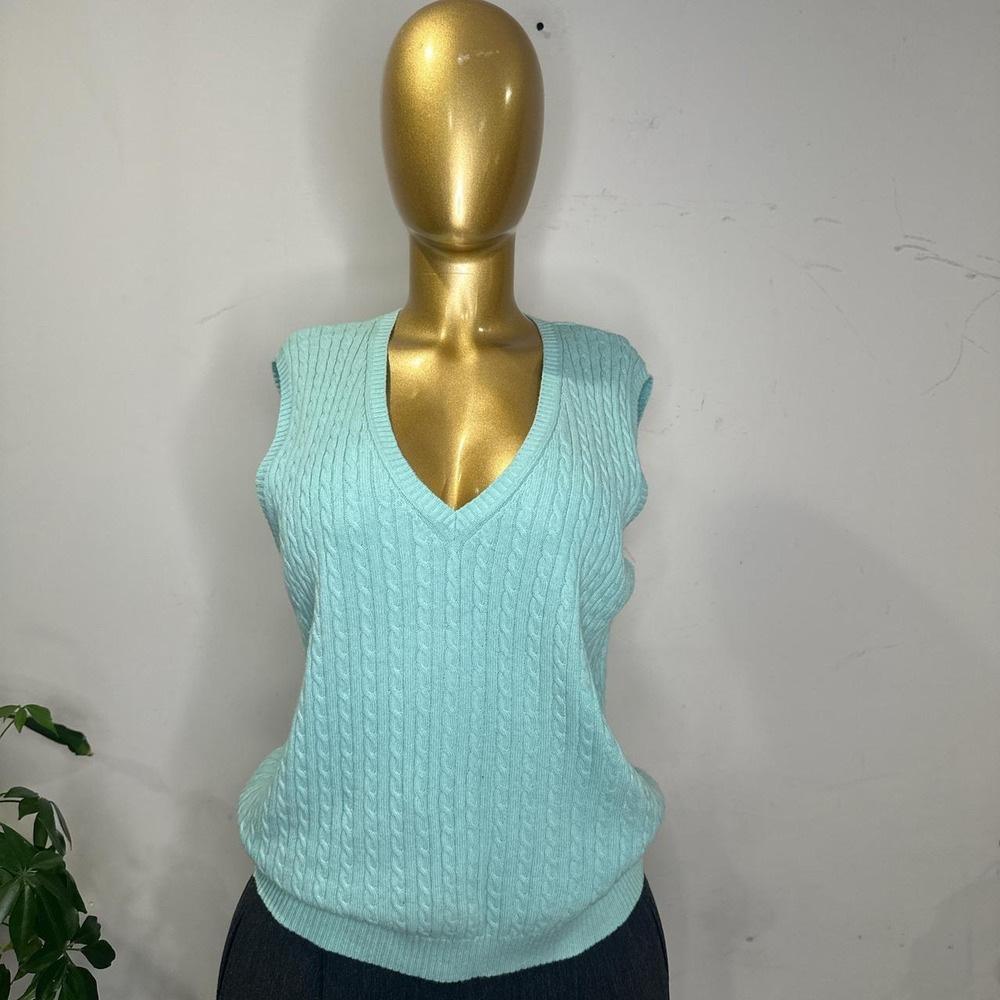 Vintage LL Bean mint green cable knit sweater vest cashmere blend LARGE